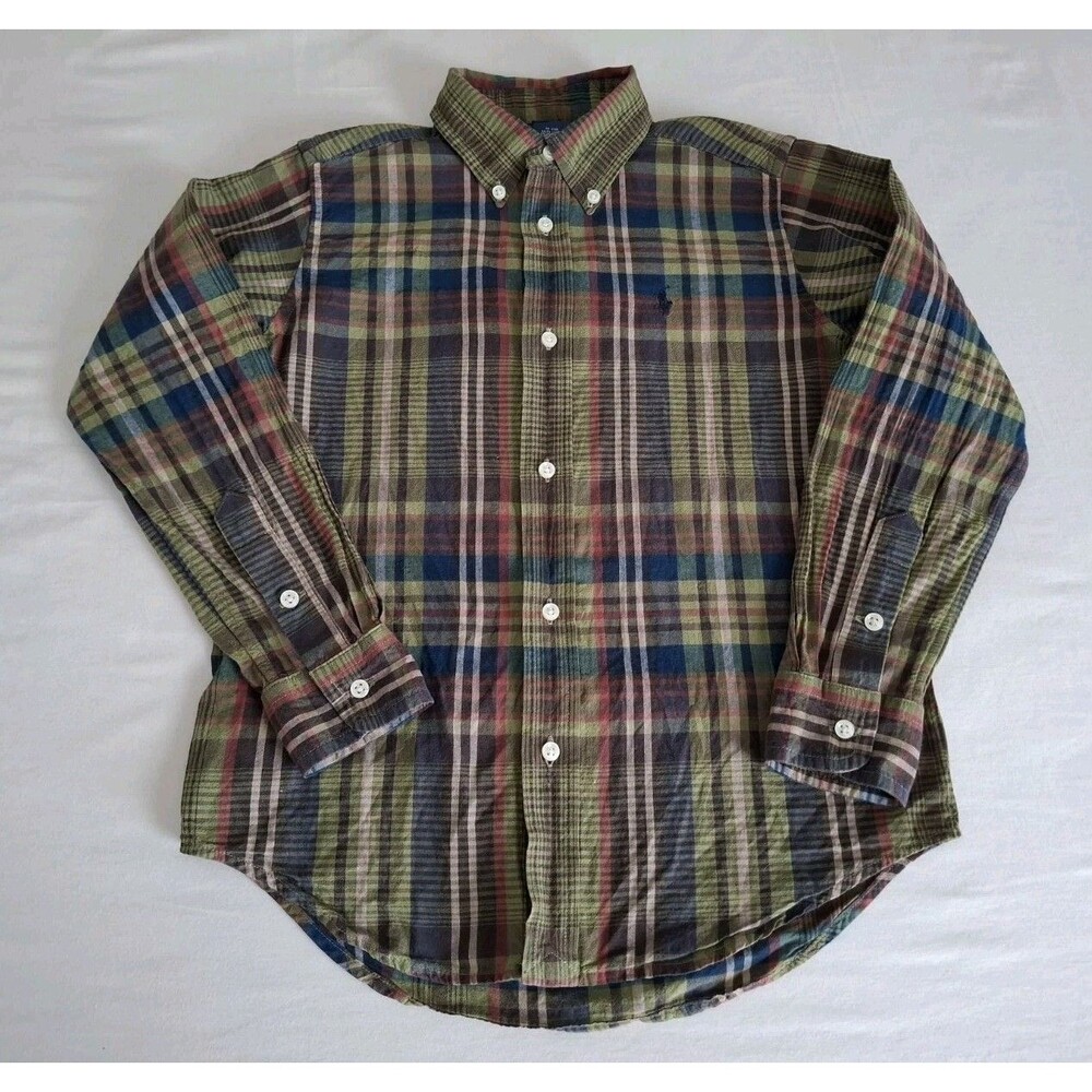 Vtg Ralph Lauren Madras Plaid Button Down Shirt Boys LS Fall Preppy EUC
